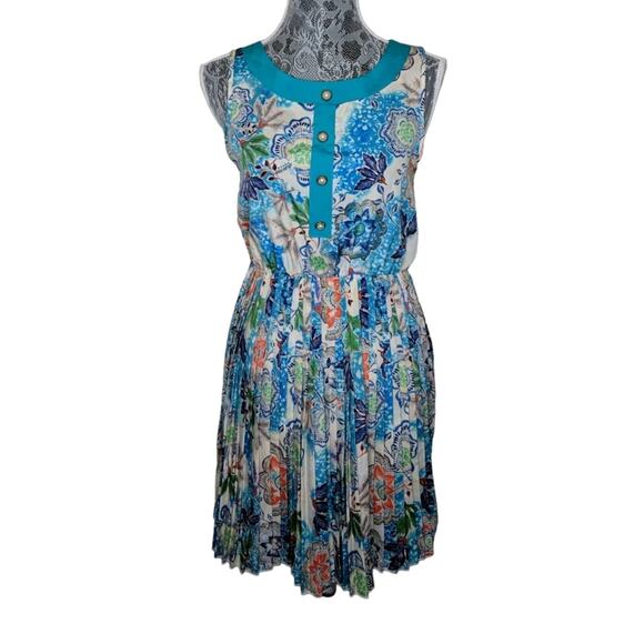 Everly Pleated Dress Pleated Sleeveless Multicolor Print S - Picture 1 of 7